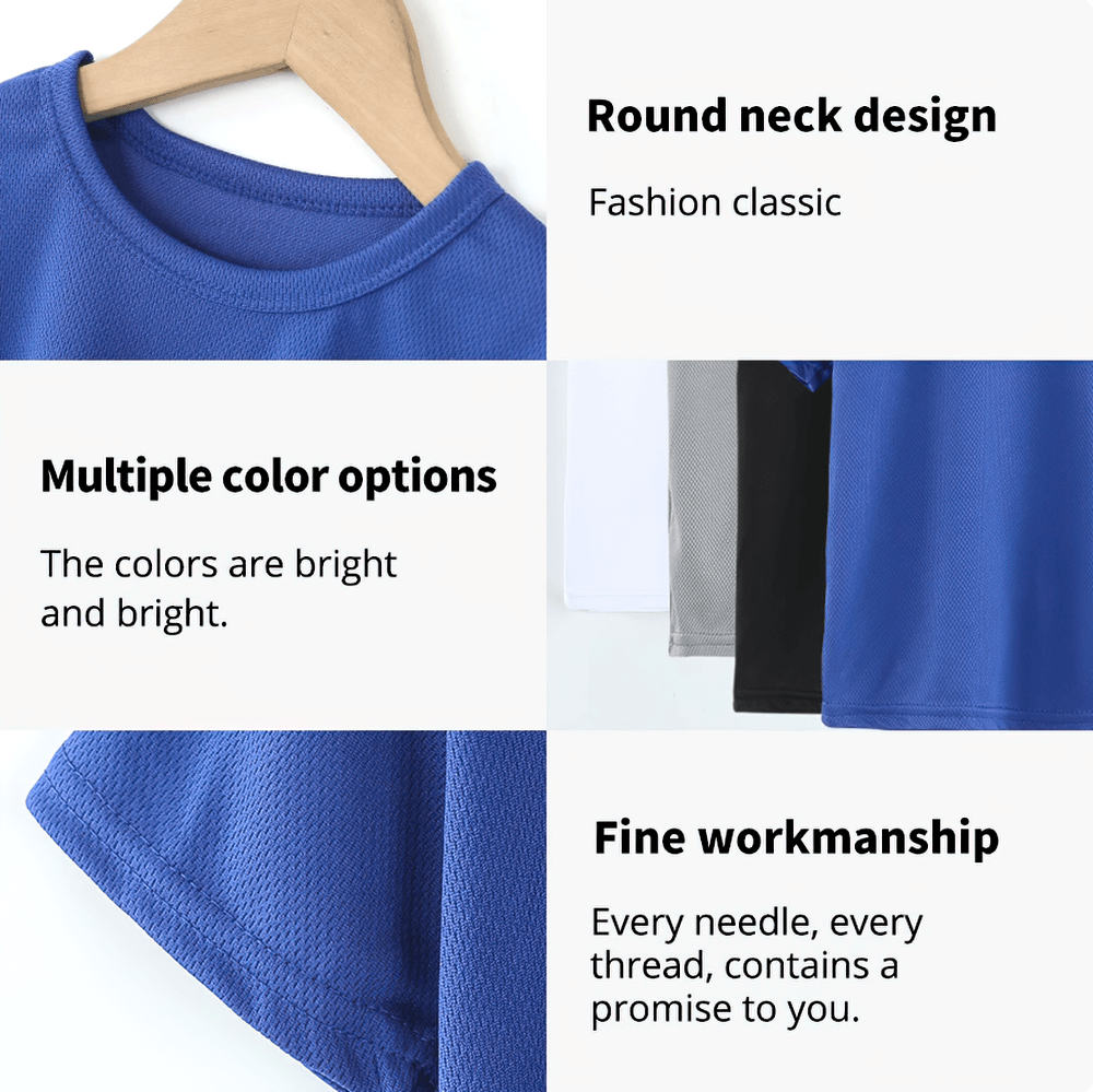 Round neck blue mesh t-shirt with bright color options, highlighting fine workmanship and breathable fabric for sports and casual wear.